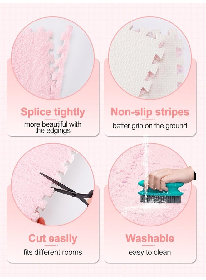 6 Pcs Plush Foam Floor Mat Square Interlocking Carpet Tiles with Border Fluffy Play Mat Floor Tiles Fluffy Area Rugs Square Soft Climbing Area Rugs DIY Floor Crawling Mat Tiles for Home Playroom Decor (Pink) - Image 3